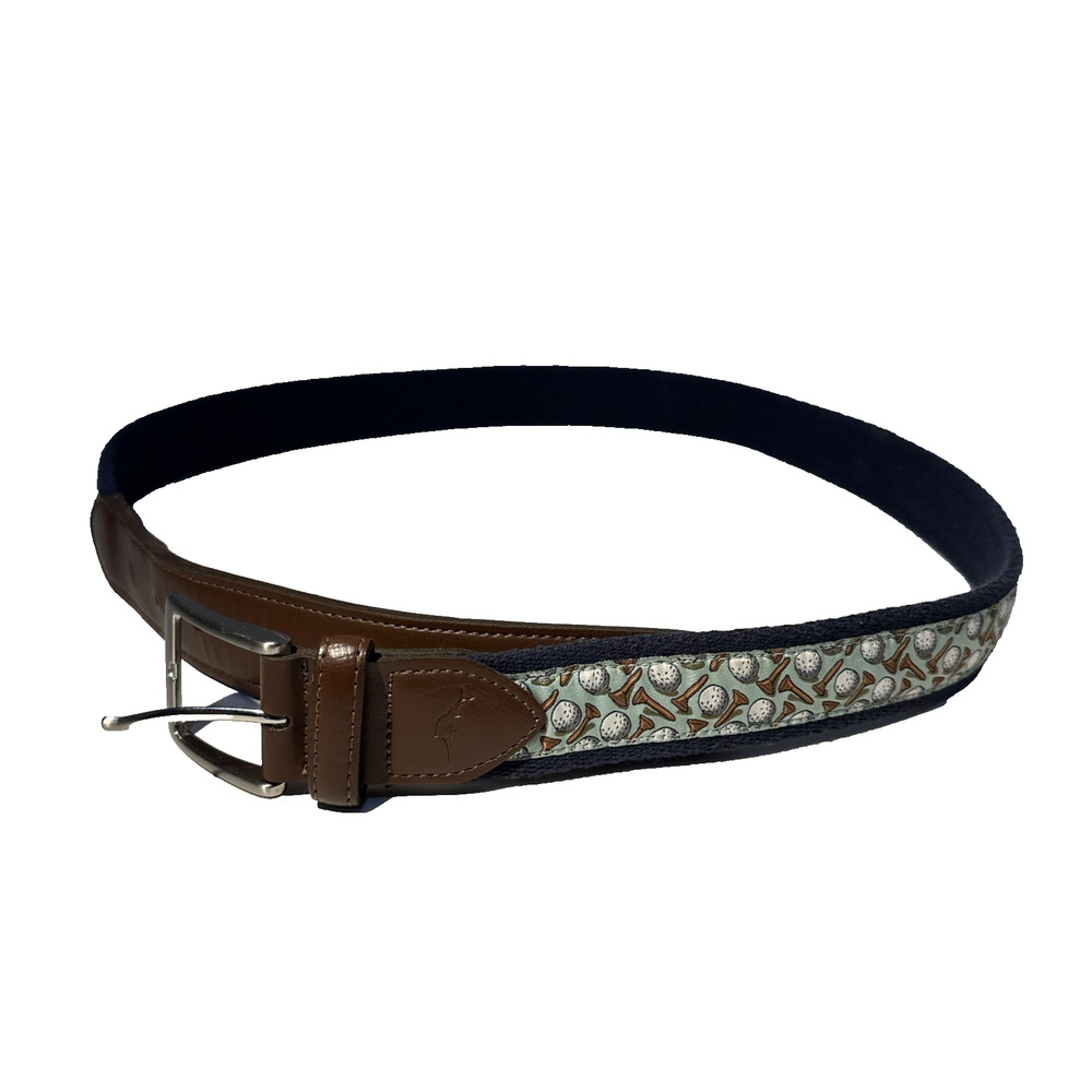 Tommy Bahama Leather Cloth Belt L 38–40 Golf Ball Tee Pattern Men’s Brown Casual